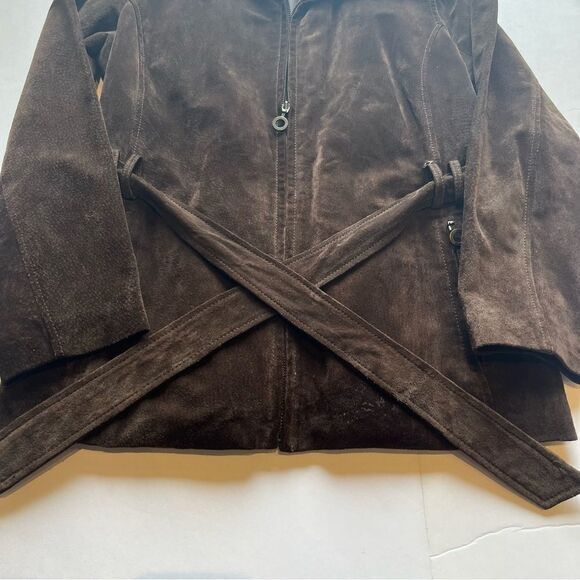 G III Women's Brown Suede Jacket Full Zip Lined Attached Belt Size Small Petite - Picture 7 of 11